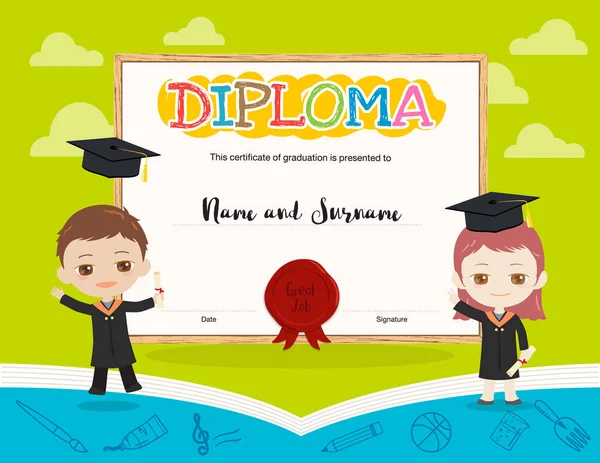 Renkli çocuklar diploma sertifika şablonunda karikatür tarzı ve kitap tema ile diploma tutarak ve akademik elbise ve mezuniyet kap giyen kız ve erkek 