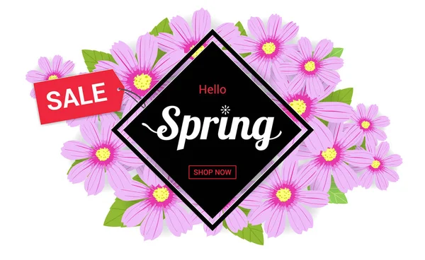 Hello spring season time, sales season banner or poster with colorful blossom flower — Stock Vector