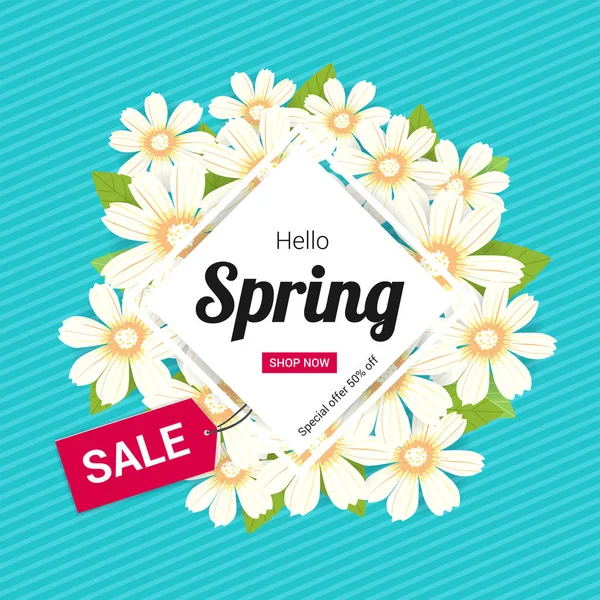 Hallo Frühlingszeit, Verkaufssaison Banner oder Poster mit bunten Blüten — Stockvektor