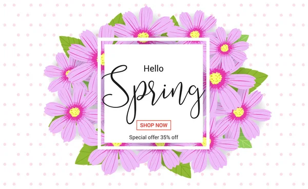 Hello spring season time, sales season banner or poster with colorful blossom flower — Stock Vector
