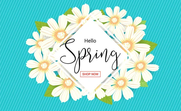 Hola temporada de primavera, banner de temporada de ventas o cartel con flores de colores — Vector de stock