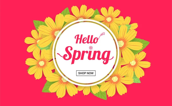 Hola temporada de primavera, banner de temporada de ventas o cartel con flores de colores — Vector de stock