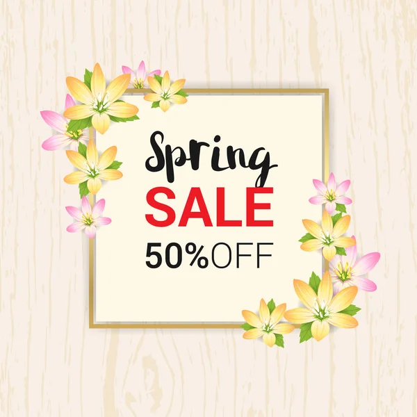Banner de ventas de primavera fondo o cartel con marco de flor — Vector de stock