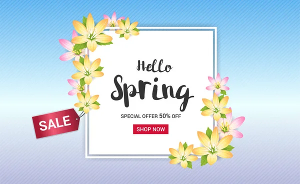 Frühling Verkauf Banner Hintergrund oder Poster mit Blüte Blumenrahmen — Stockvektor