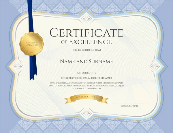 Modèle de certificat de réalisation en vecteur avec fond d'art thaïlandais appliqué, couleur bleue — Image vectorielle