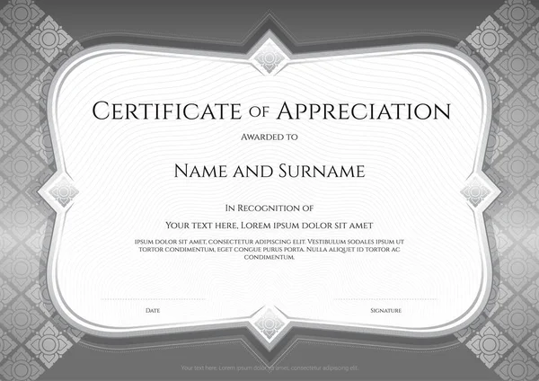 Certificate of appreciation template in vector with applied Thai art background, silver color