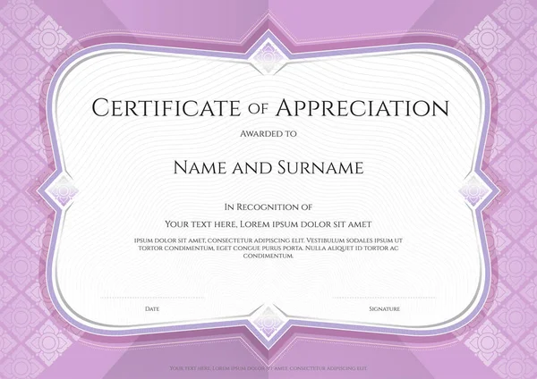 Сертификат благодарности шаблон в векторе с прикладным тайским фоном искусства, фиолетовый цвет — стоковый вектор
