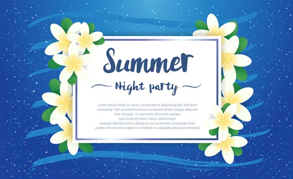 Summer night party greeting season with Plumeria Flowers frame or Summer floral Design on blue background — Stock Vector
