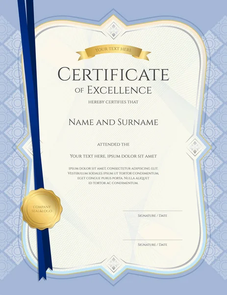 Portret certyfikat osiągnięcia szablonu w wektor kolorem tła, niebieski tajskiej sztuki użytkowej — Wektor stockowy