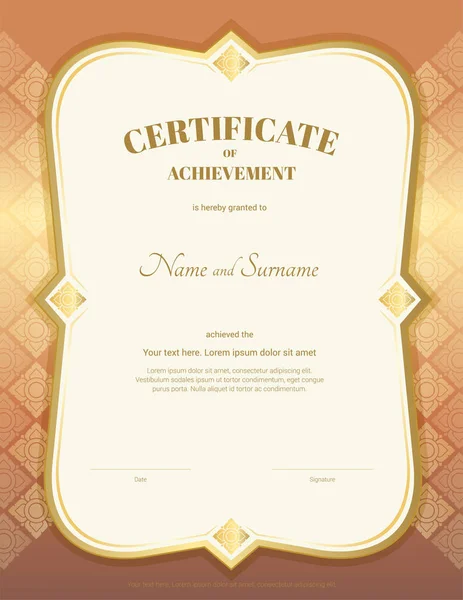 Portret certificaat voor prestatie template in vector met toegepaste Thaise kunst, gouden bronzen achtergrondkleur — Stockvector