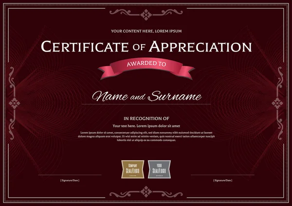 Modello certificato di apprezzamento con nastro premio su sfondo guilloché astratto rosso scuro — Vettoriale Stock