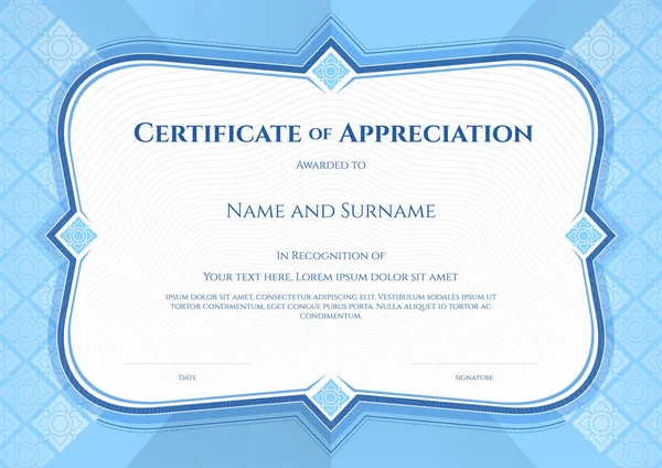 Сертификат благодарности шаблон в векторе с прикладным тайским фоном искусства, синий цвет — стоковый вектор
