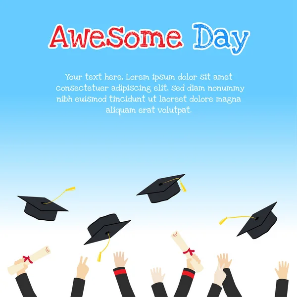 Projeto da ilustração do cartão do dia da formatura da faculdade com as mãos que prendem o diploma e jogando tampas da graduação — Vetor de Stock