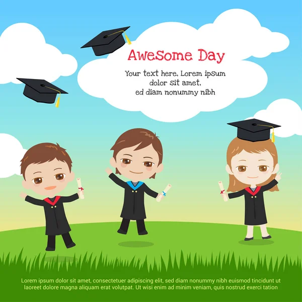 Kids graduation day with boy and girl throwing graduation cap to the sky in cartoon style — Stock Vector