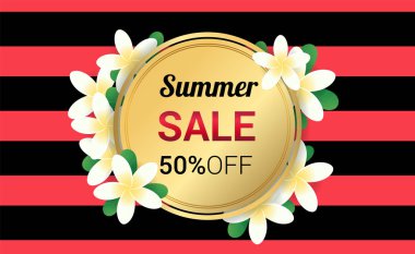 Yaz Plumeria çiçekli altın çerçeve veya şerit arka plan üzerinde yaz çiçek tasarım