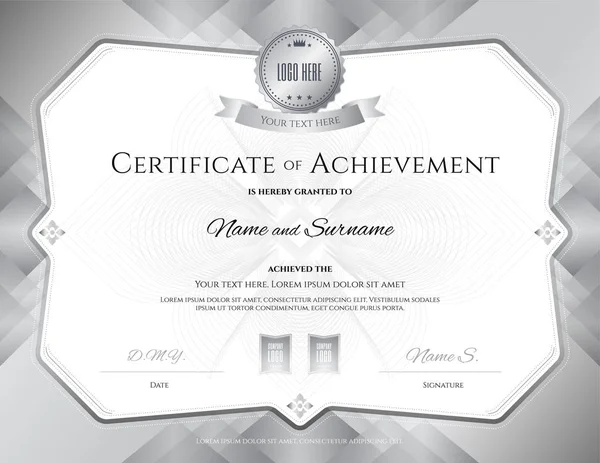 Certificaat van voltooiing sjabloon met award lint op abstracte guilloche achtergrond met vintage randstijl — Stockvector