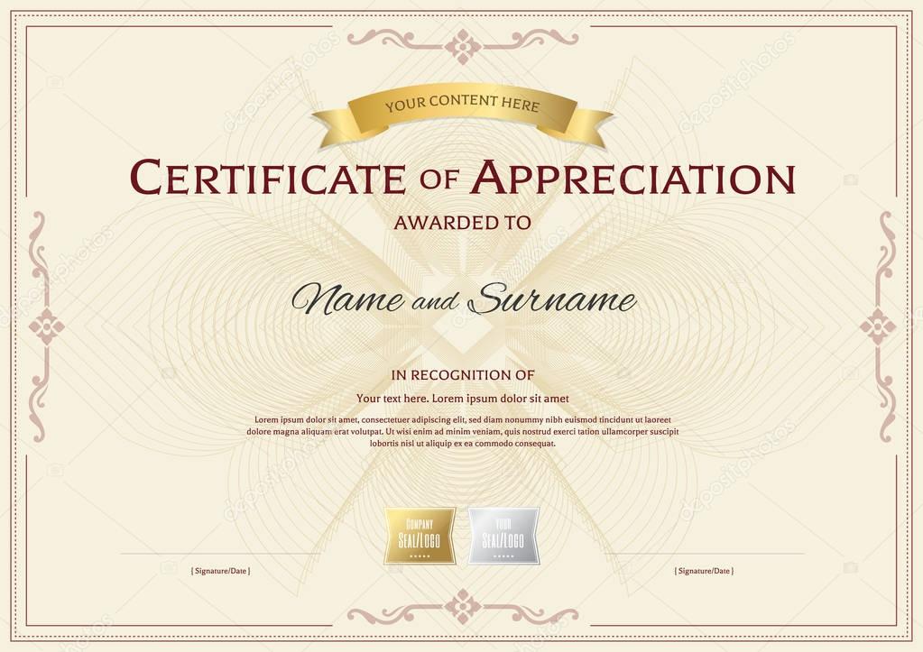 Certificate of appreciation template with award ribbon on abstract flower guilloche background with vintage border style