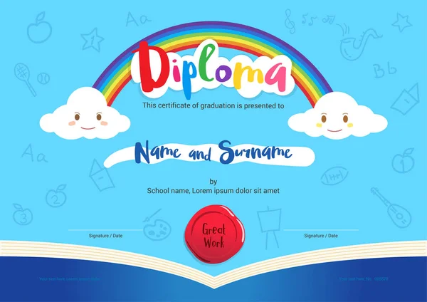 Diplôme ou certificat pour enfants avec éléments arc-en-ciel et livre d'ouverture — Image vectorielle