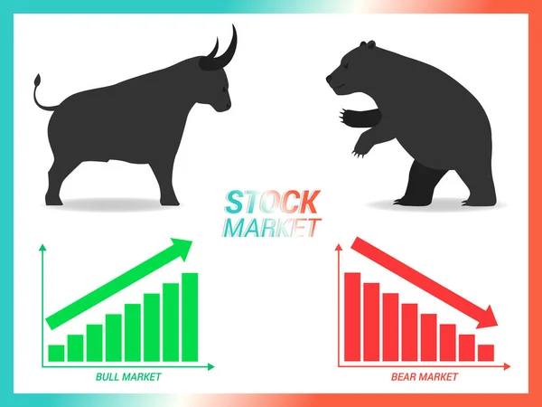 Börse Konzept Bulle gegen Bär stehen und kämpfen auf weißem Hintergrund mit Abwärtstrend und Aufwärtstrend Diagramm — Stockvektor