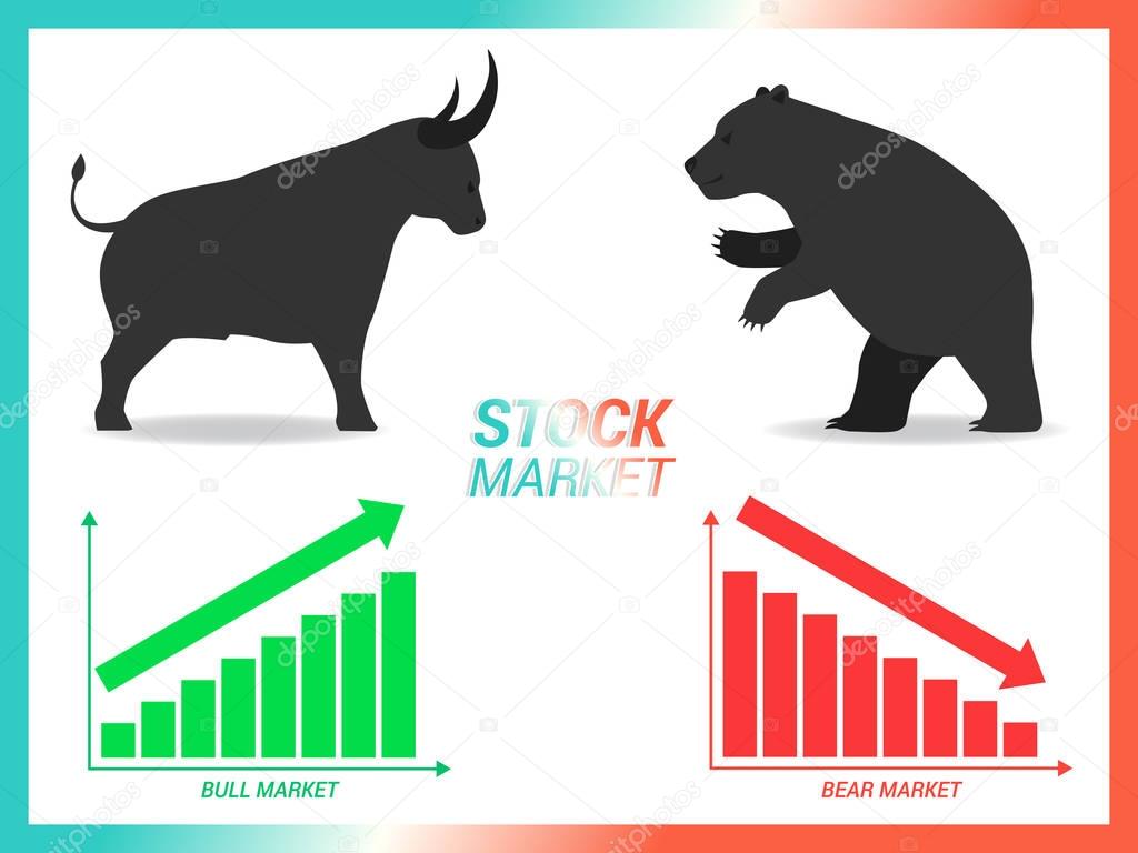 Stock market concept bull vs bear are facing and fighting on white background with downtrend and uptrend graph