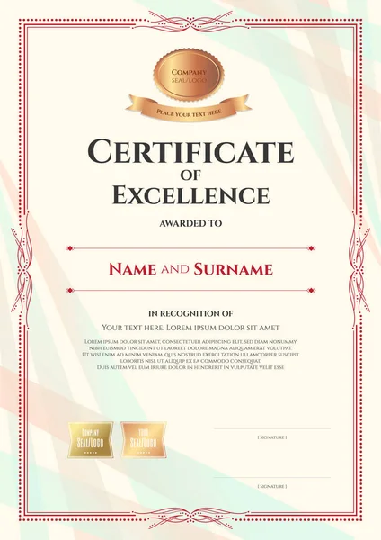Portrait certificate of excellence template on abstract ribbon background with vintage border style — Stock Vector