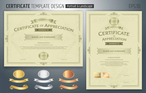 Set di modelli di certificato di apprezzamento con nastro premio su sfondo guilloché astratto con stile vintage — Vettoriale Stock