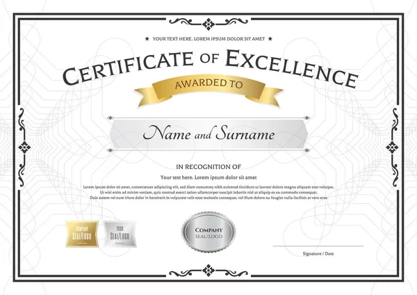 Modèle de certificat d'excellence avec ruban d'or sur fond guilloché abstrait avec style de bordure vintage — Image vectorielle