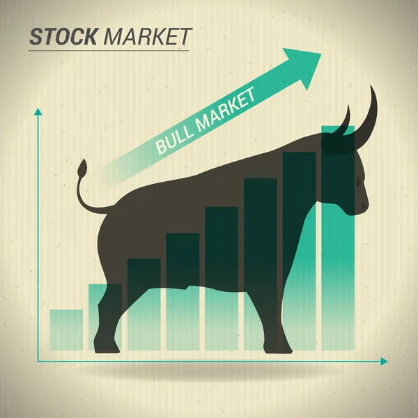 Bull market concept presents stock market with bull in front of green uptrend graph on brown paper — Stock Vector