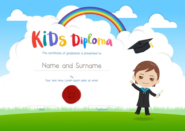 Šablona certifikátu diplom barevné děti v kreslený styl s úsměvem chlapce v Maturitní šaty oblek a létající klobouk — Stockový vektor