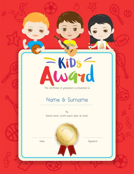 Portrait colorful kids award diploma certificate template in cartoon style with happy boy and girl — Stock Vector
