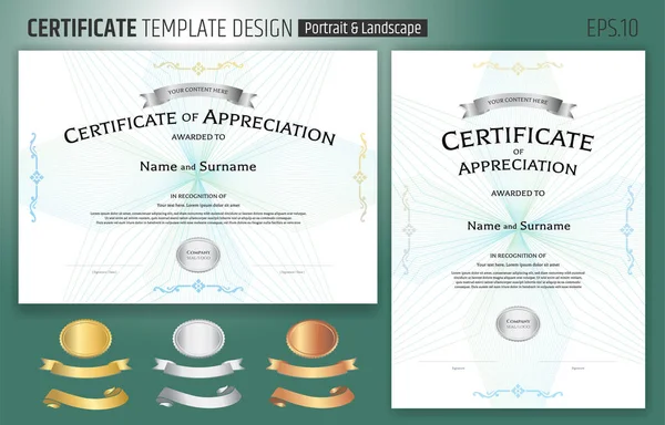 Set of certificate of appreciation template with award ribbon on — Stock Vector