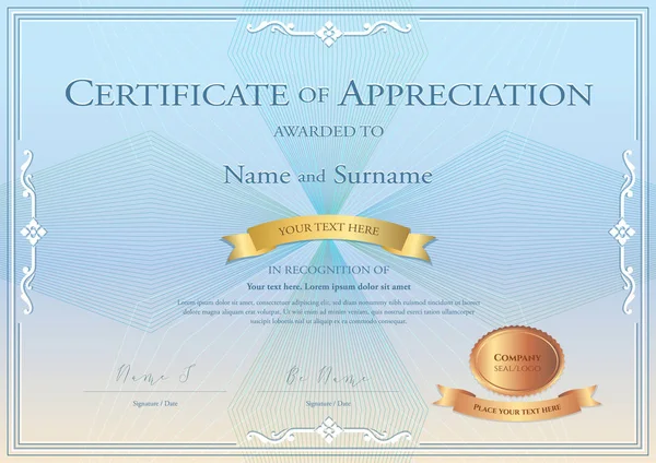 Modèle de certificat d'appréciation avec ruban de récompense sur fond guilloché abstrait avec style de bordure vintage — Image vectorielle