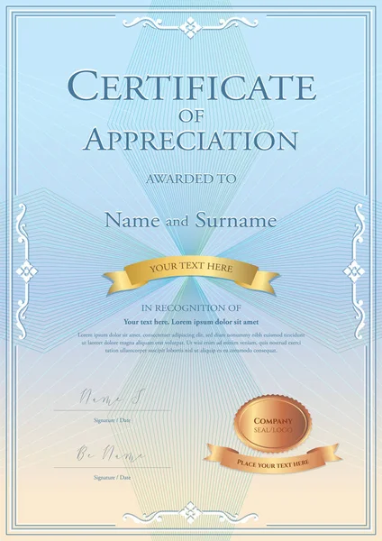 Сертификат благодарности шаблон с золотой лентой награждения на абстрактном фоне гильоша с винтажным стилем границы — стоковый вектор