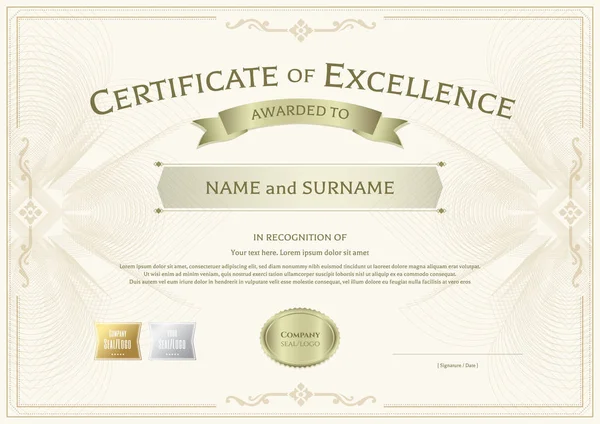 Modèle de certificat d'excellence avec ruban de récompense sur fond guilloché abstrait avec style bordure vintage — Image vectorielle