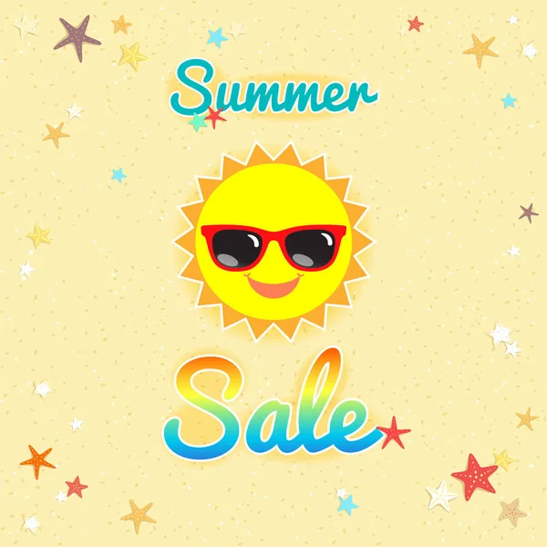 Banner de ventas de verano o póster con cara de sol sonriente con gafas de sol — Vector de stock