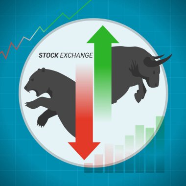 Stock market concept bull vs bear with up and down arrow clipart