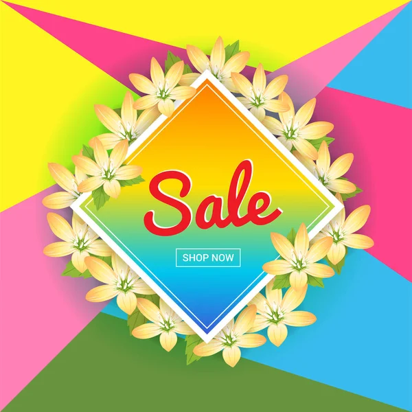 Sommerschlussverkauf Banner oder Poster mit floralem Rahmen auf farbenfrohem abstrakten Hintergrund — Stockvektor