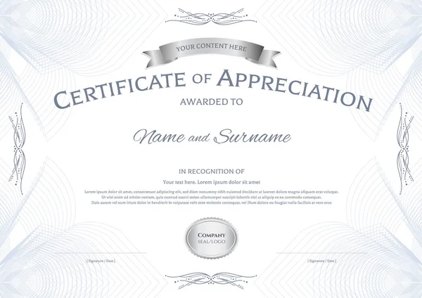 Gümüş ödül şerit vintage stili soyut Guillochlu arka plan üzerinde şablonla takdir belgesi