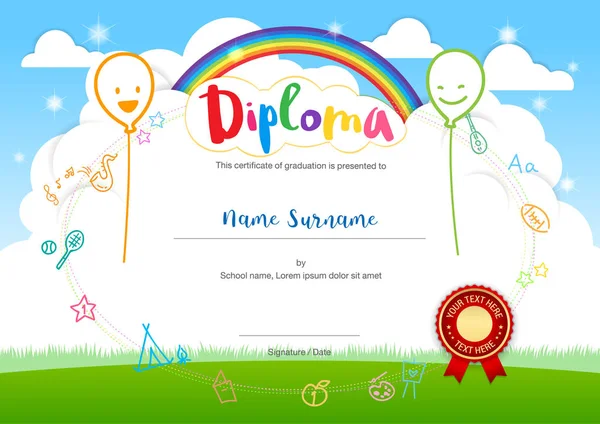 Kleurrijke kids zomer kamp diploma certificaatsjabloon in cartoo — Stockvector