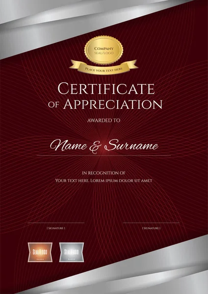 Portret luksusowych szablonu certyfikatu z elegancki czerwony i srebro — Wektor stockowy