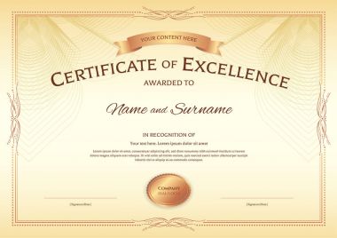 Ödül şerit vintage stili soyut Guillochlu arka plan üzerinde şablonla mükemmellik belgesi