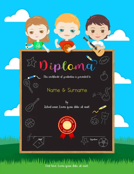 Portrait colorful kids award diploma certificate template in cartoon style with happy boy and girl — Stock Vector