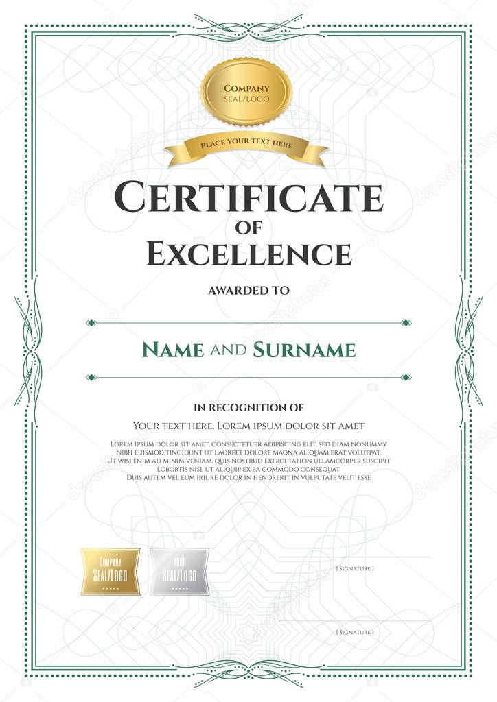 Portrait certificate of excellence template with award ribbon on abstract guilloche background with vintage border style