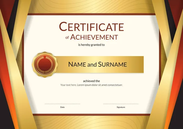 Plantilla de certificado de lujo con elegante marco de borde dorado, diseño de diploma para graduación o finalización — Vector de stock