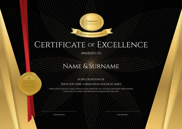 Lüks sertifika şablonuyla zarif siyah ve altın kenar çerçevelemek, mezuniyet veya tamamlanması için Diploma tasarım