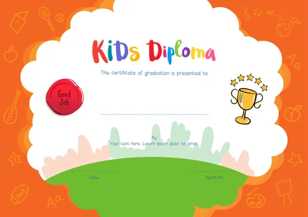 Děti diplom nebo certifikát Šablona výkresu karikatura s rukou — Stockový vektor