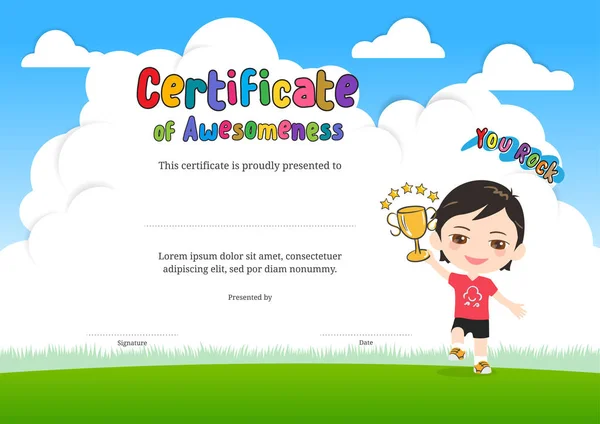 Diplôme pour enfants ou modèle de certificat de fantaisie avec dessin animé — Image vectorielle