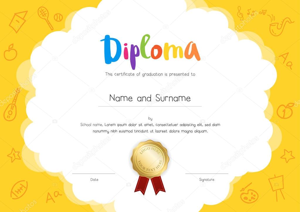 Kids Diploma or certificate template with hand drawing cartoon style background