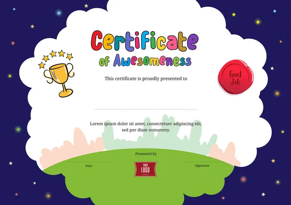 Kids Diploma of certificaat van awesomeness sjabloon met cartoon stijl achtergrond — Stockvector