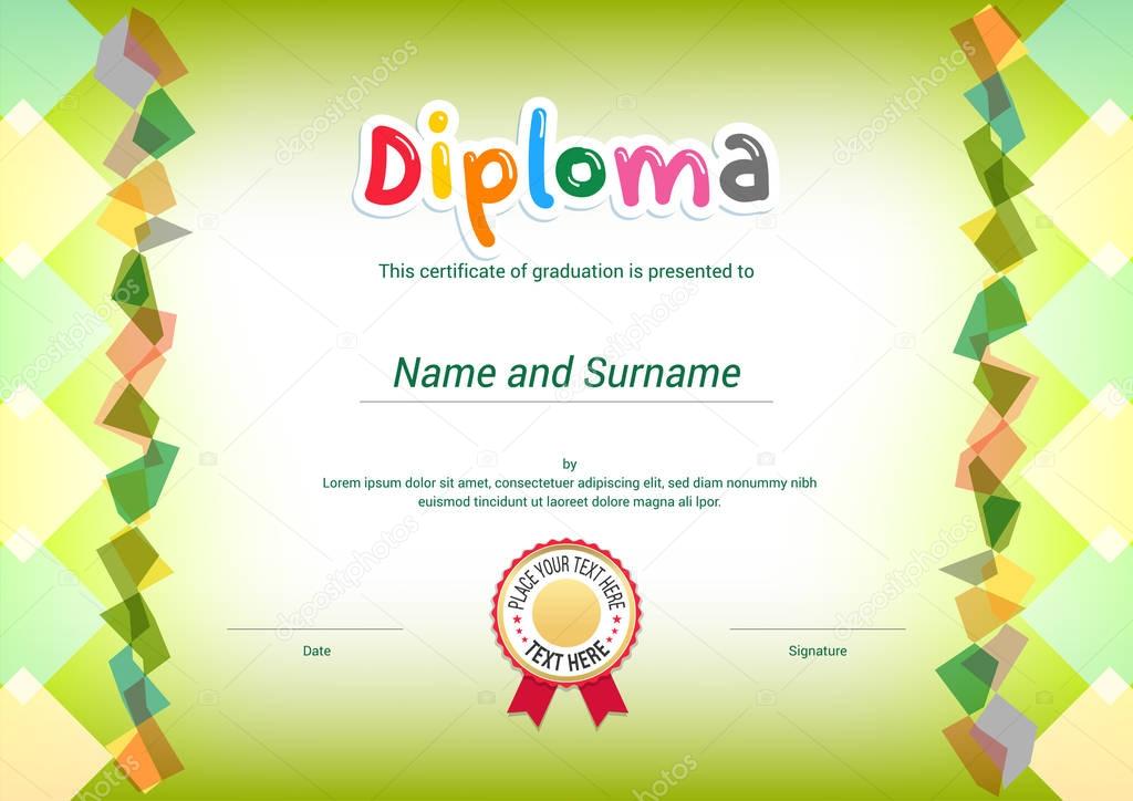 Kids Diploma or certificate template with green themel background and border